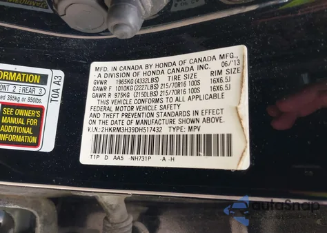 2013 Honda Cr-V Lx from USA, damaged, VIN 2HKRM3H39DH517432